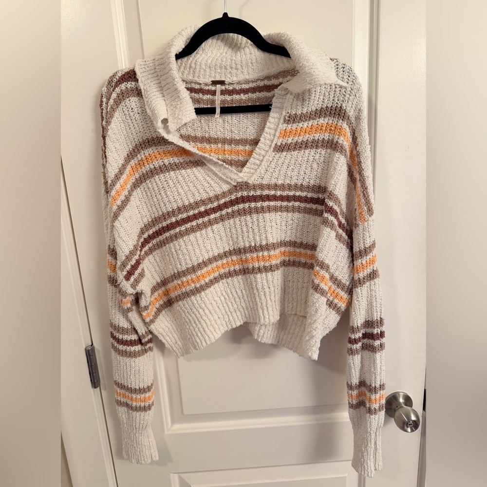 Free People V-Neck Pullover Sweater - White, Brown, and Orange